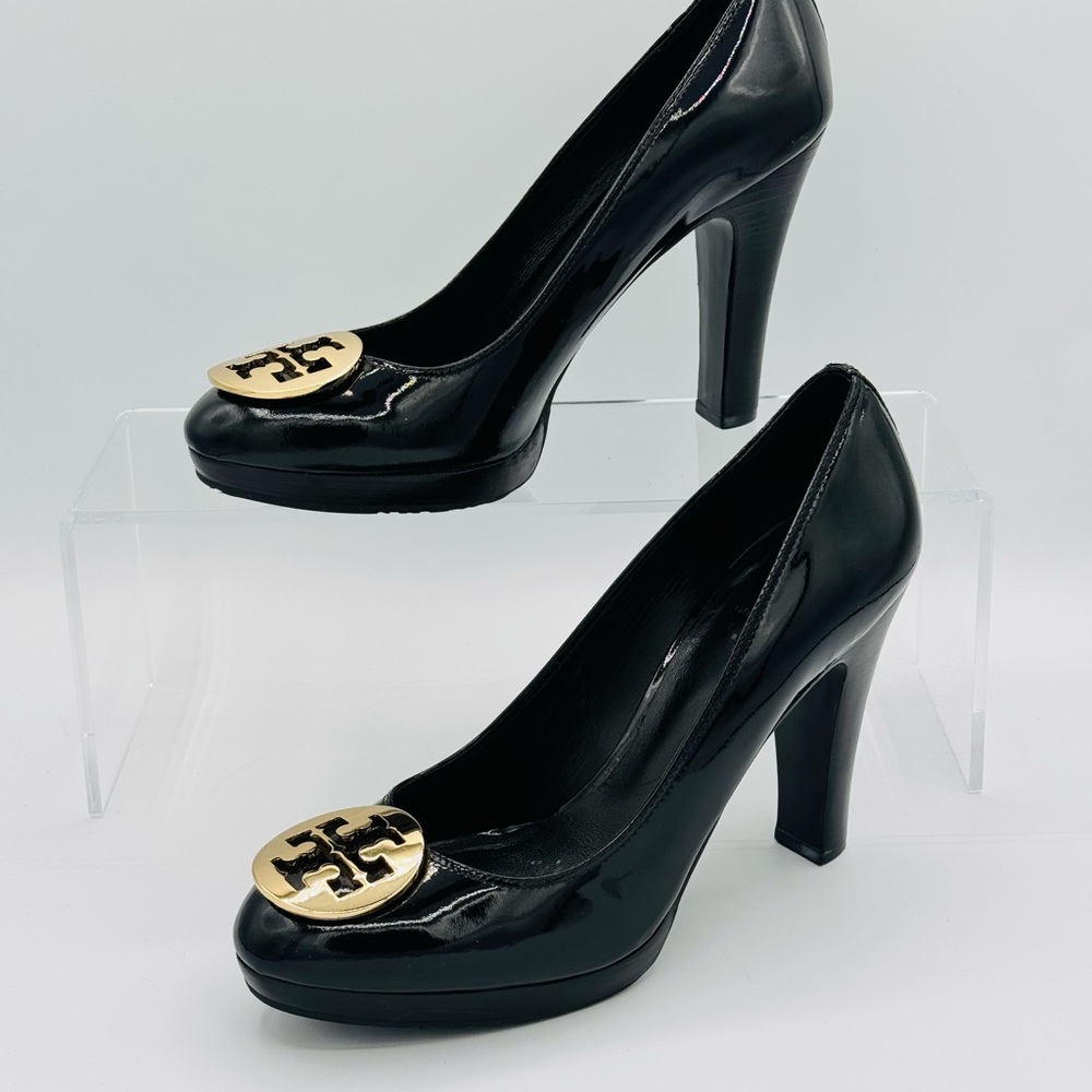 Tory Burch Black Patent Heels with Gold Emblem
